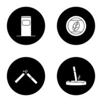 Smoking glyph icons set. Garbage bin, tobacco leaf, stubbed out cigarette in ashtray, broken cig. Vector white silhouettes illustrations in black circles