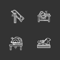 Construction tools chalk icons set. Hacksaw, circular saws, jack plane. Isolated vector chalkboard illustrations