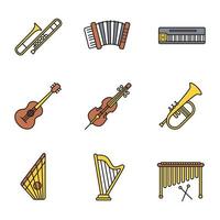 Musical instruments color icons set. Trombone, accordion, mellotron, guitar, cello, flugelhorn, gusli, harp, marimba. Isolated vector illustrations