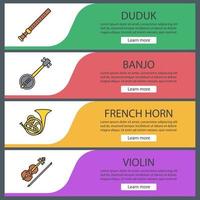 conjunto de plantillas de banner web de instrumentos musicales. duduk, banjo, corno francés, violín. elementos del menú de color del sitio web. conceptos de diseño de encabezados vectoriales vector