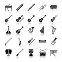 Musical instruments drop shadow black glyph icons set. Orchestra equipment. Stringed, wind, percussion instruments. Isolated vector illustrations