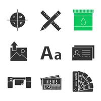 Printing glyph icons set. Cmyk color model, pencil and ruler, cartridge ink, font, business card, large format printer, newspaper, color palettes. Silhouette symbols. Vector isolated illustration