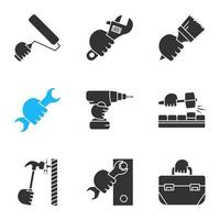 Hands holding instruments glyph icons set. Paint roller, plumbing wrench, brush, spanner, electric screwdriver, lump hammer, tool bag. Silhouette symbols. Vector isolated illustration