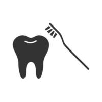 Correct teeth brushing glyph icon. Silhouette symbol. Tooth with toothbrush. Negative space. Vector isolated illustration