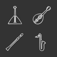 Musical instruments chalk icons set. Balalaika, mandolin, saxophone, flute. Isolated vector chalkboard illustrations