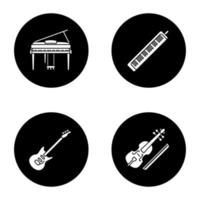 Musical instruments glyph icons set. Piano, melodica, electric guitar, viola. Vector white silhouettes illustrations in black circles