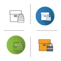 Secure delivery icon. Cardboard box with padlock. Flat design, linear and color styles. Isolated vector illustrations