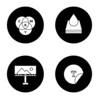 Printing glyph icons set. Polygraphy and typography. Cmyk color circle model, paint drop and paper, billboard, round sticker. Vector white silhouettes illustrations in black circles