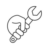 Hand holding wrench linear icon. Thin line illustration. Combination spanner. Contour symbol. Vector isolated outline drawing