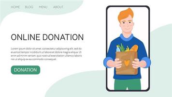 Vector flat illustration landing page or template online donation. Man from phone give support with food online.