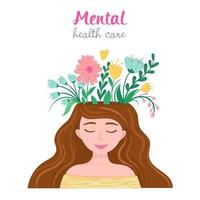 Vector illustration mental health care. Woman with flowers from head