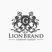 Lion heraldry emblem modern line style with a shield and crown - vector illustration
