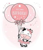 cute baby cow girl in pink dress with pink balloons, it's my birthday, cartoon farm animal character baby shower and greeting card vector