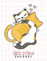 cute friendship two kitty cat hug each other,best friend forever, cartoon animal character drawing vector