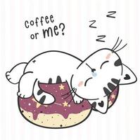 lindo gatito juguetón durmiendo en una taza de café cremosa de cerámica, gato en una taza de té de arcilla pastel, tarjeta de saludo vectorial de dibujo de personajes de animales de compañía vector