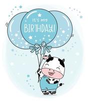 cute baby cow boy in blue denim bib with blue balloons, it's my birthday, cartoon farm animal character baby shower and greeting card vector
