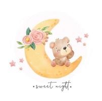 cute adorable happy smile baby teddy bear on the floral crescent, sweet night,nursery animal cartoon hand drawn watercolor vector