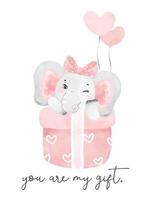 cute happy baby pink elephant girl on present gift box with heart balloon, nursery watercolor wildlife animal hand drawn illustration.