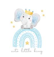 lindo pequeño rey bebé azul niño elefante sentado en el arco iris azul, baby shower cumpleaños animal acuarela dibujado a mano vector