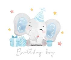 lindo adorable bebé elefante azul fiesta de cumpleaños, baby shower tarjeta de felicitación acuarela dibujos animados animal dibujado a mano vector