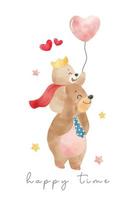 cute childhood with father, happy dad bear with kid teddy king on father shoulder with balloons, father's day watercolor animal cartoon hand drawn vector