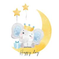 cute baby princ elephant on the crescent watercolour birthday nursery cartoon painting vector