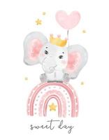 cute baby elephant queen gilr with crown sitting on pink rainbow with heart shape balloon, watercolour cartoon wildlife animal illustration vector