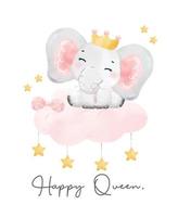 cute baby elephant queen gir with crownl in pink sitting on cloud, nursery watercolour cartoon drawing illustration. vector