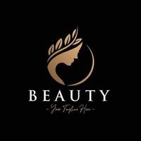 Beauty woman silhouette simple natural circle gold logo template vector