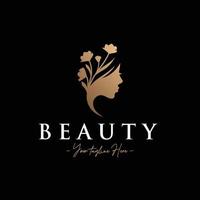 Beauty woman elegant silhouette with flower hair gold logo template vector