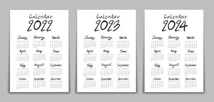 Calendar 2022, 2023, 2024 year, Lettering calendar, hand drawn Lettering calendar vector illustration, Desk calendar deign, wall calendar template, Simple, Set of 12 Months, Week starts Sunday, vector