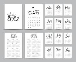 conjunto de plantillas de calendario de escritorio 2022, calendario 2023-2024, calendario de letras, ilustración vectorial dibujada a mano, color blanco y negro, conjunto de 12 meses, la semana comienza el domingo, papelería, diseño de portada vector