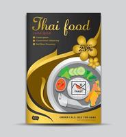 plantilla de volante de comida tailandesa, diseño de afiches, menú, etiqueta, pancarta, etiqueta, portada, anuncios de revistas, fondo dorado, ilustración vectorial vector