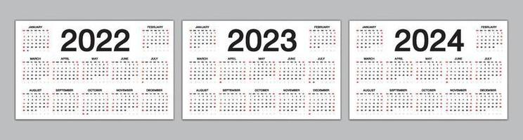 calendario 2022, 2023, plantilla de 2024 años, calendario simple, diseño de calendario de escritorio, calendario de pared, la semana comienza el domingo. conjunto de 12 meses, planificador, afiche, vector eps10