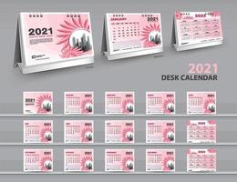 Set Desk Calendar 2021 template Creative design, calendar 2022, 2023 layout, 3d mockup desk calendar, Pink flowers cover design, Set of 12 Months, Week starts Sunday, Stationery. Nature Concept vector