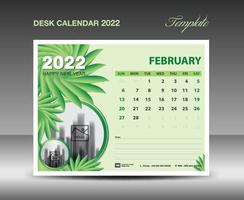 diseño de calendario 2022, plantilla de mes de febrero, plantilla de calendario de escritorio 2022 concepto de naturaleza de flores verdes, planificador, idea creativa de calendario de pared, anuncio, plantilla de impresión, vector eps10