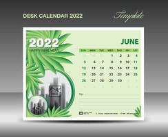 diseño de calendario 2022, plantilla de mes de junio, plantilla de calendario de escritorio 2022 concepto de naturaleza de flores verdes, planificador, idea creativa de calendario de pared, publicidad, plantilla de impresión, vector eps10