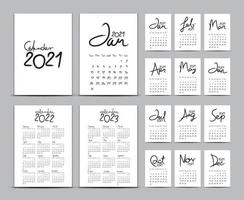 Desk calendar 2021 template set, Calendar 2022-2023, Lettering calendar, hand-drawn vector illustration, black and white color, Set of 12 Months, Week starts Sunday, Stationery, cover design