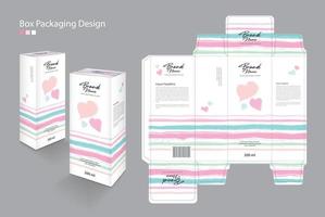 caja, plantilla de embalaje para cosmética, suplemento, spa, belleza, comida, cabello, piel, loción, medicina, crema. idea creativa de diseño de producto. cajas 3d, fondo pastel de patrón de línea, vector de logotipo de corazón