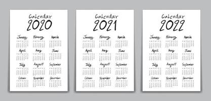 calendario 2020, 2021, vector de plantilla de 2022 años, calendario de letras, ilustración de vector de calendario de letras dibujadas a mano, simple, conjunto de 12 meses, la semana comienza el domingo, papelería, volante, diseño de afiches