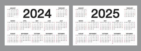 diseño de calendario simple para 2024, 2025 años sobre fondo blanco, calendario de escritorio, la semana comienza el domingo. plantilla vectorial vector