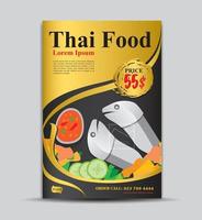 Thai food flyer template, poster design, menu, label, banner, tag, cover, magazine ads, gold background, vector illustration