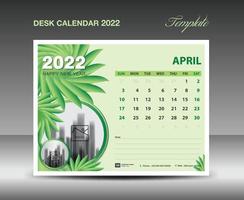 diseño de calendario 2022, plantilla del mes de abril, plantilla de calendario de escritorio 2022 concepto de naturaleza de flores verdes, planificador, idea creativa de calendario de pared, anuncio, plantilla de impresión, vector eps10