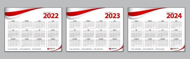 calendar 2022,2023,2024 red color vector