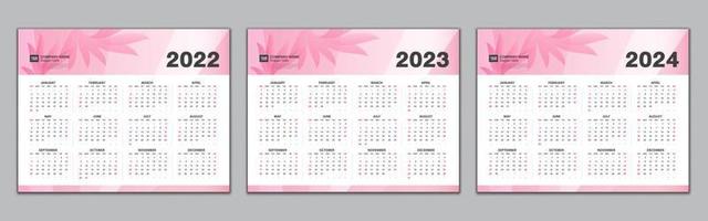 Calendario 2022, 2023, plantilla de 2024 años, calendario simple, diseño de calendario de escritorio, calendario de pared. La semana comienza el domingo. conjunto de 12 meses, planificador, afiche, vector eps10, fondo abstracto rojo