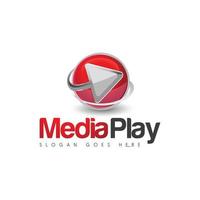 una imagen de logotipo en 3d de una esfera roja con una flecha plateada rodeándola para una empresa multimedia vector