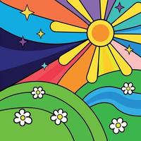 Cartel de buenas vibraciones de 1970. cartel hippie maravilloso con paisaje. cartel psicodélico retro vibrante vector