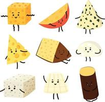 conjunto de divertidos personajes emocionales de dibujos animados de diferentes tipos de queso vector