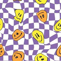 1970 Good Vibes Hippie. Groovy Melted Smiley Seamless Pattern 70s vector