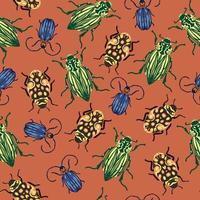 Seamless Vector Pattern with Various Colorful Beetles on a Terracotta Background